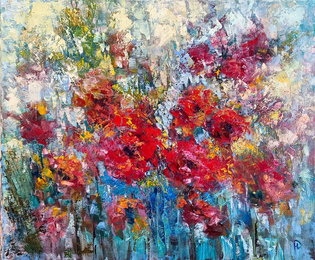Абстрактное изображение цветов на картине "Цветочная импровизация" художника Нины Дивинской Волгоград