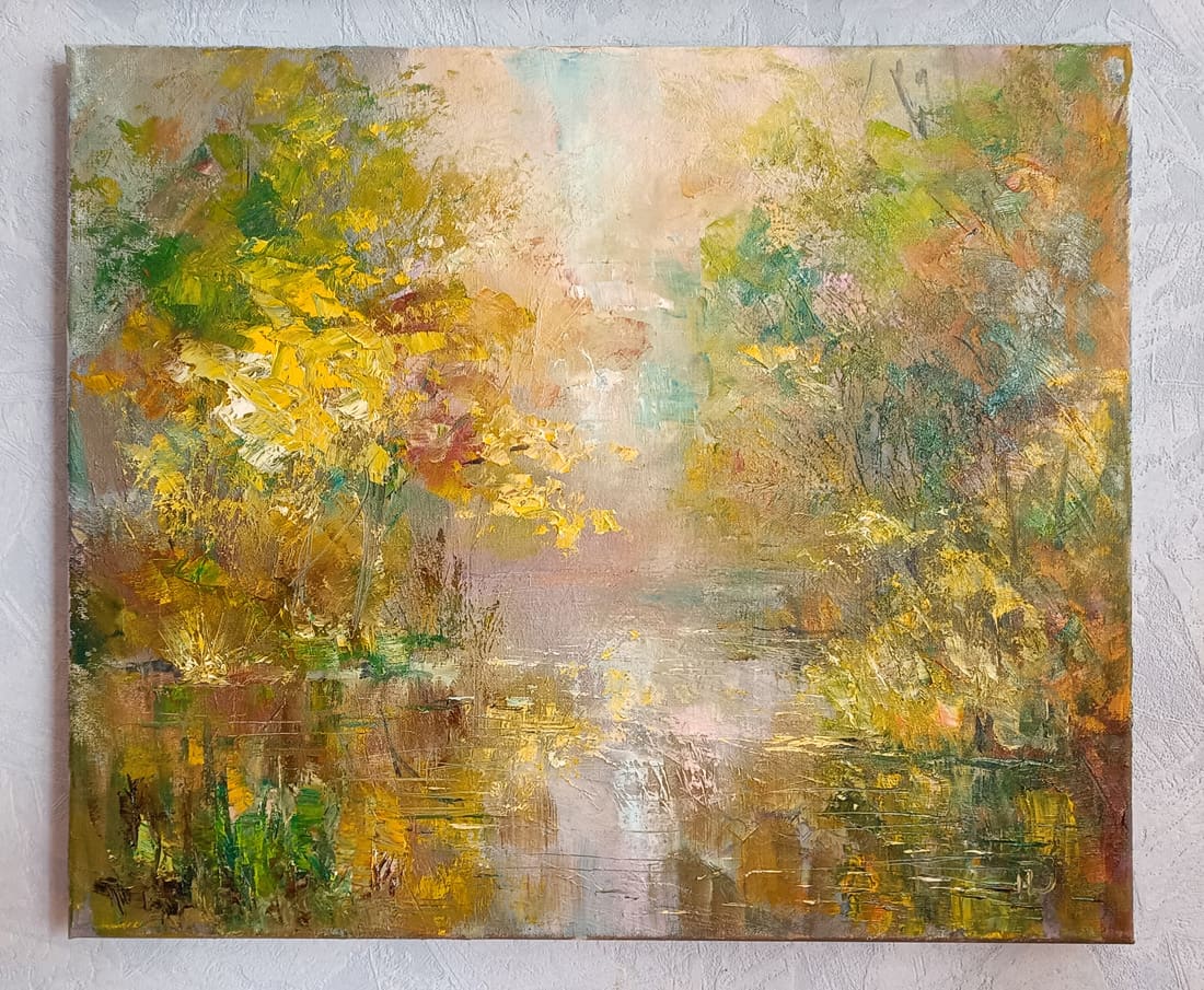 Картина маслом с золотистым пейзажем "Осенняя мечта"