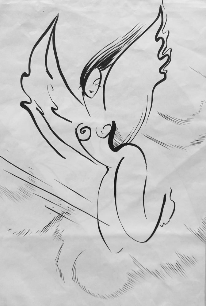 Графический рисунок парящей с облаках обнажённой девушки  автор Нина Дивинская (Волгоград)
