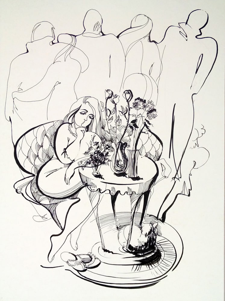 Линейный рисунок, выполненный пером и кистью "Гости ушли" девушка задумалась у стола с цветами автор Нина Дивинская (Волгоград)