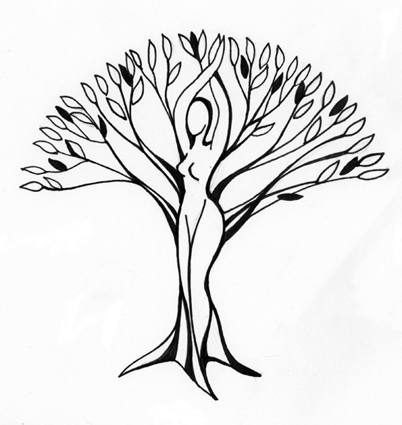Чёрно-белый рисунок "Дерево жизни" с изображением дерева со стволом в виде молодой девушки.