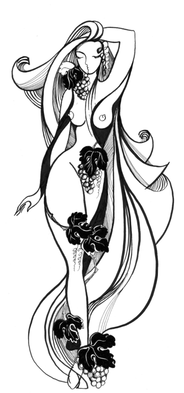 Графический рисунок обнажённой девы с гроздьями винограда, исполняющим роль одежды.