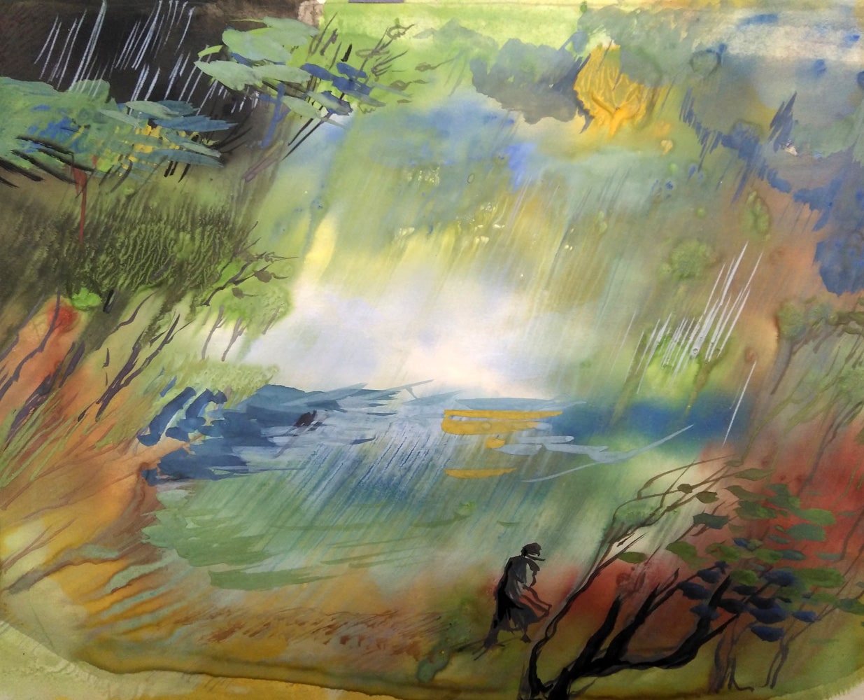 На картинке летний пейзаж во время сильного дождя монотипия художника Нины Дивинской (Волгоград)