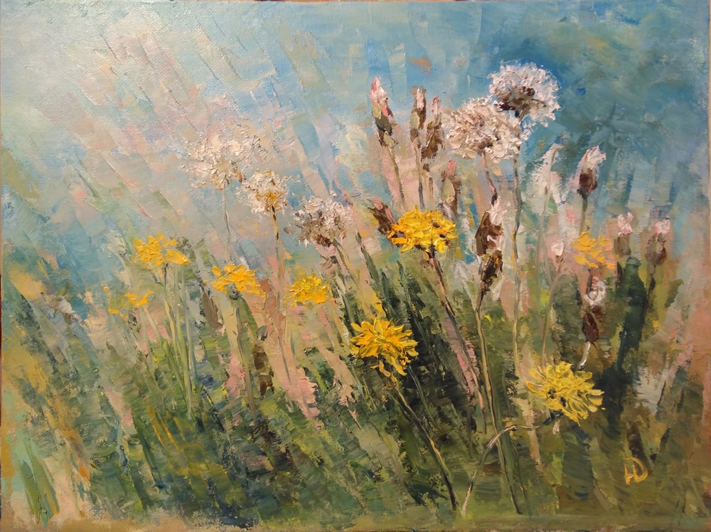 Картина "Весенний воздух" с пушистыми одуванчиками под лучами солнца.