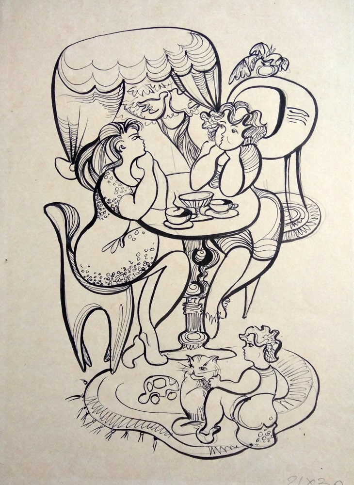 Рисунок "Посиделки" с изображением двух кумушек за чашкой чая и романтической беседой