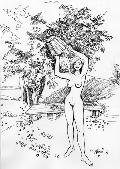 Графический рисунок с изображением раскидистой огромной яблони и обнажённой девушки на переднем плане автор Нина Дивинская (Волгоград)