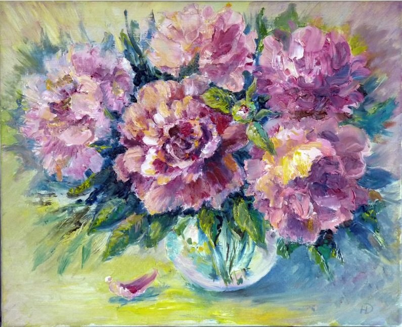 Розовые пионы на картине в прозрачной вазе в подарок любимой женщине художника Нины Дивинской