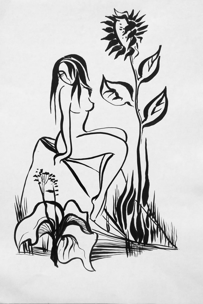 Графический черно белый рисунок с изображением обнажённой девушки, сидящей на камне и подсолнух