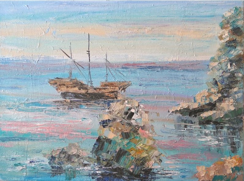 Морской пейзаж скалистого побережья Хорватии с деревянным корабликом вдалеке и розовым романтичным вечером.