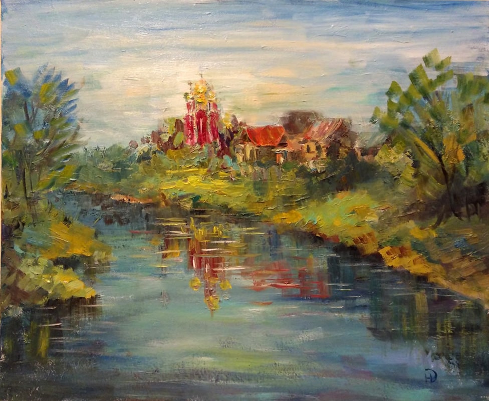 Летний пейзаж маслом на холсте. "Собор на реке" в Волгоградской области.