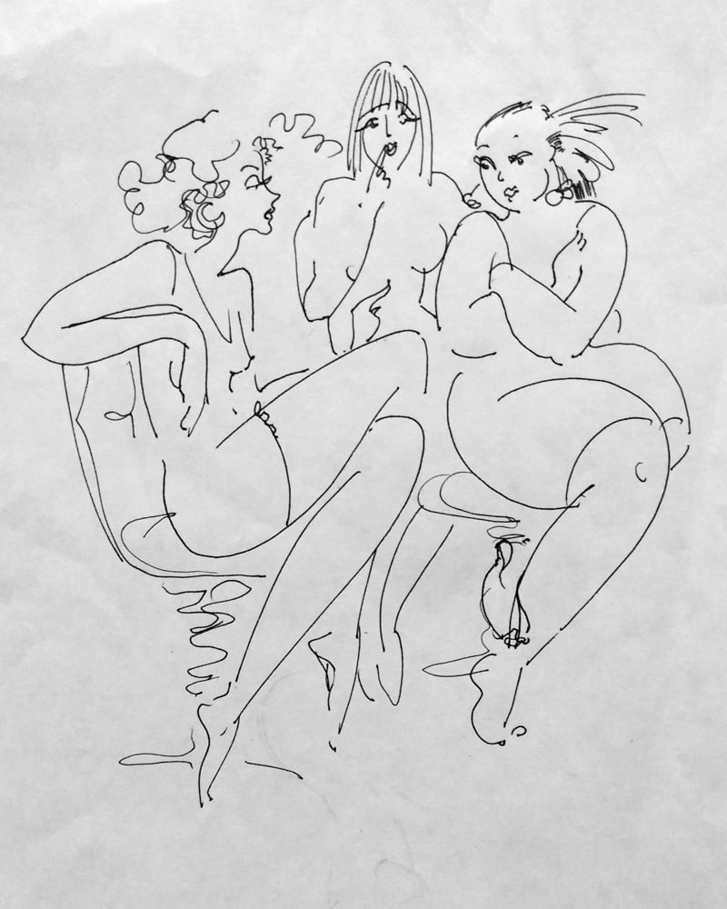 Три женщины увлеченно беседуют графический рисунок автор Нина Дивинская (Волгоград)