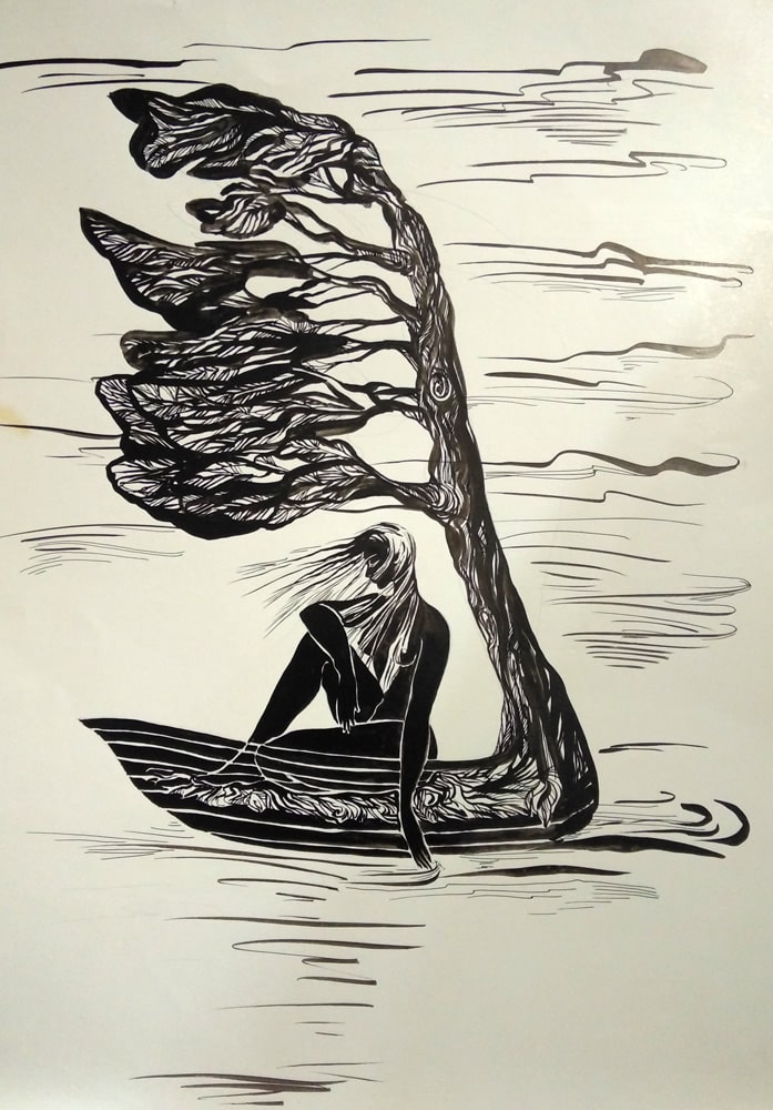 Символический графический рисунок девушки в лодке под парусом в виде дерева