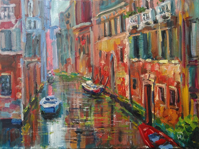 Городской пейзаж "Улица Венеции". Характерные дома вдоль канала с лодочками.