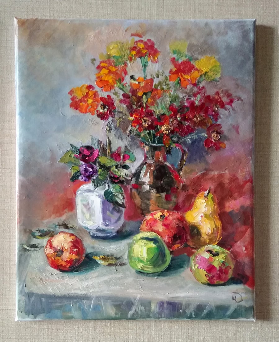 Картина маслом с фруктами а цветами "Душевная осень"