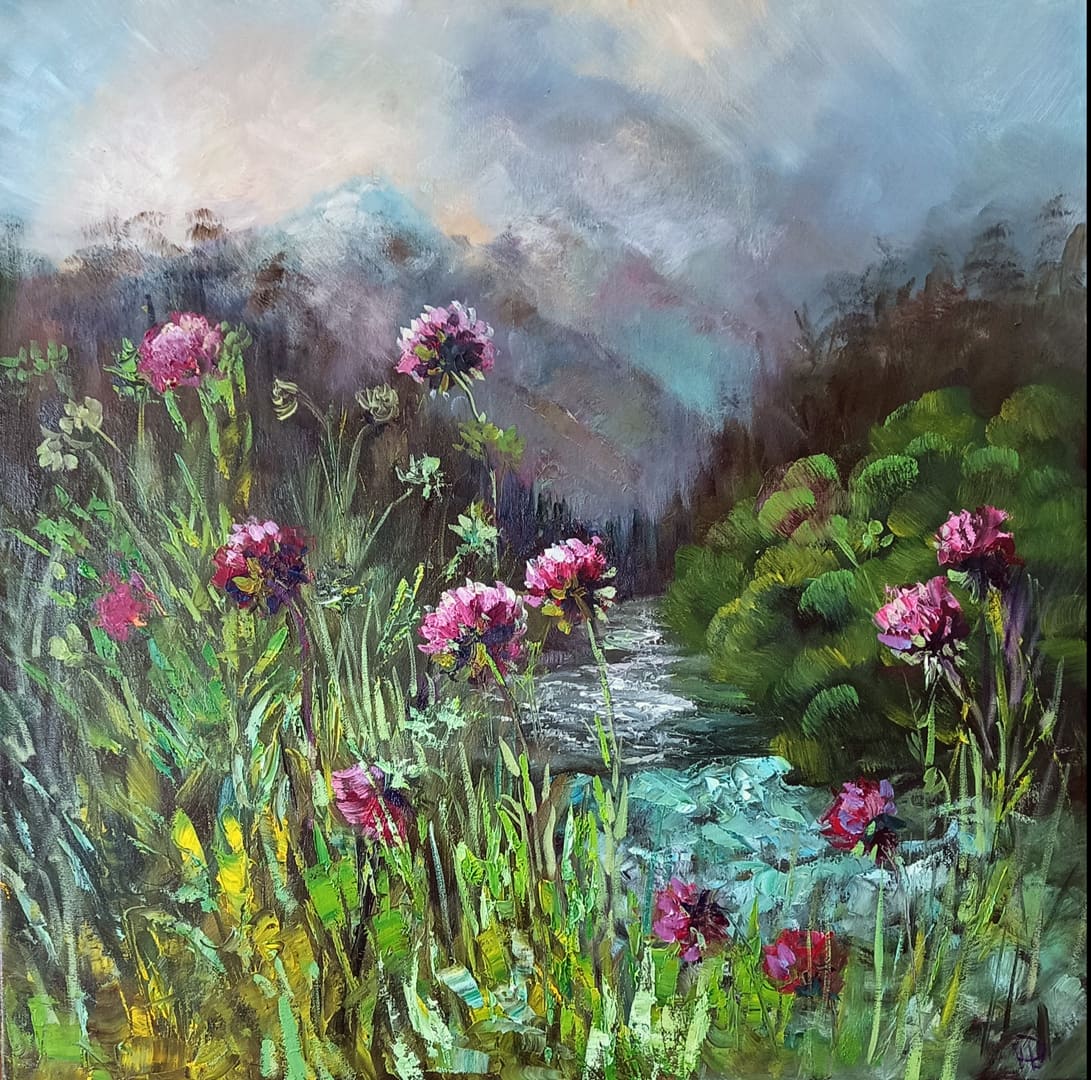 Картина маслом с чертополохами на фоне гор "Горная речка" художника Нины Дивинской