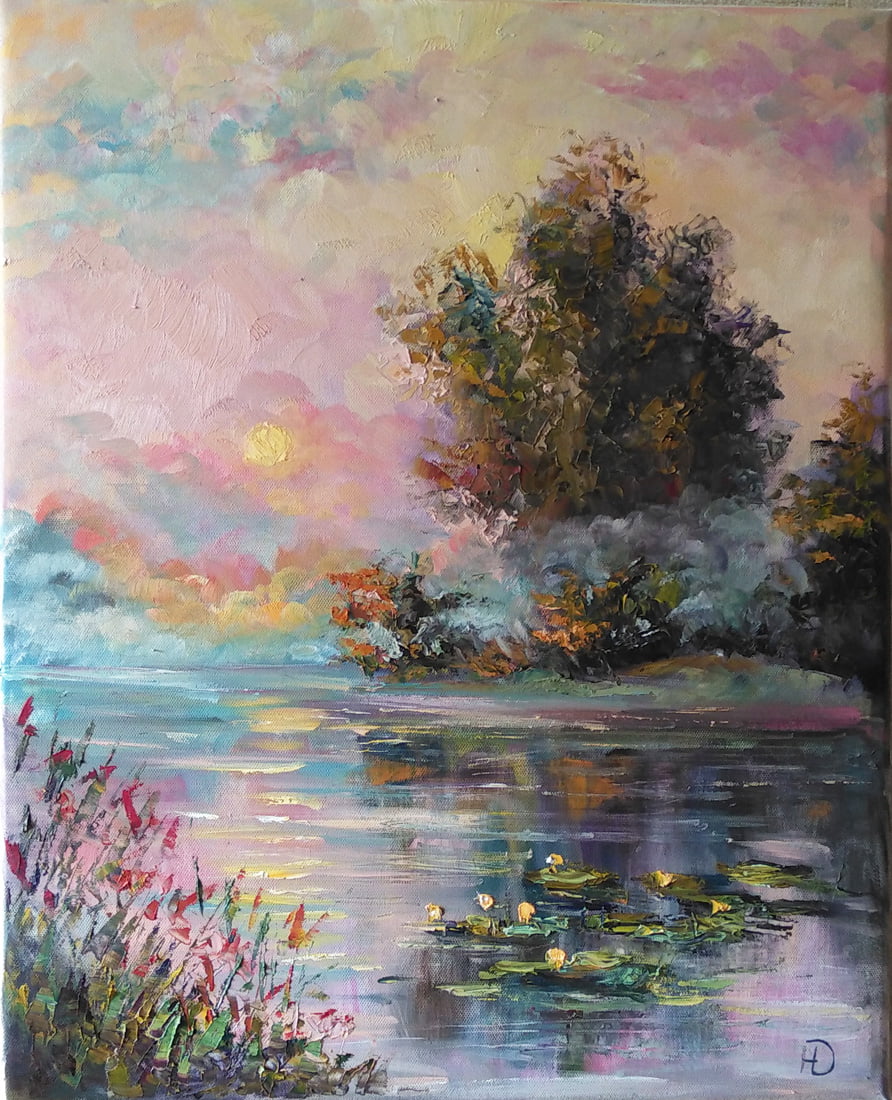 Тихий розовый вечер на озере с кувшинками, художник Нина Дивинская