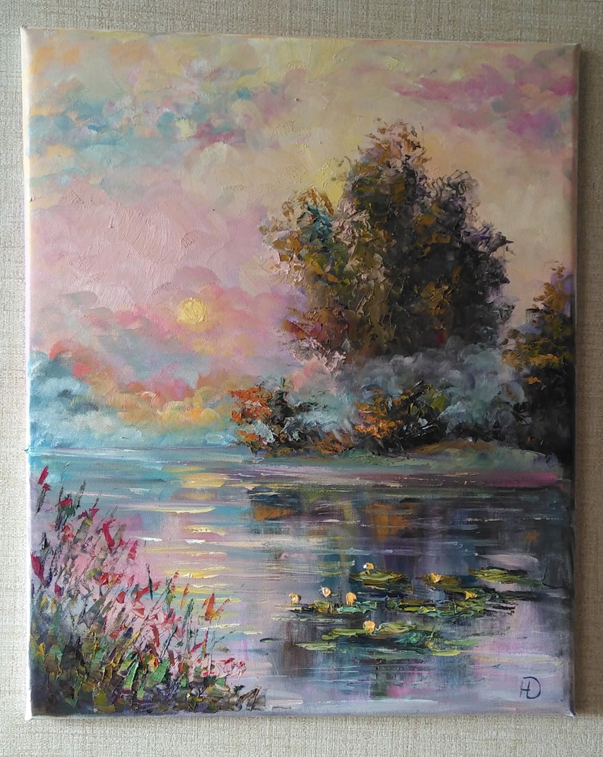 Картина маслом с вечером на озере "Кувшинки"