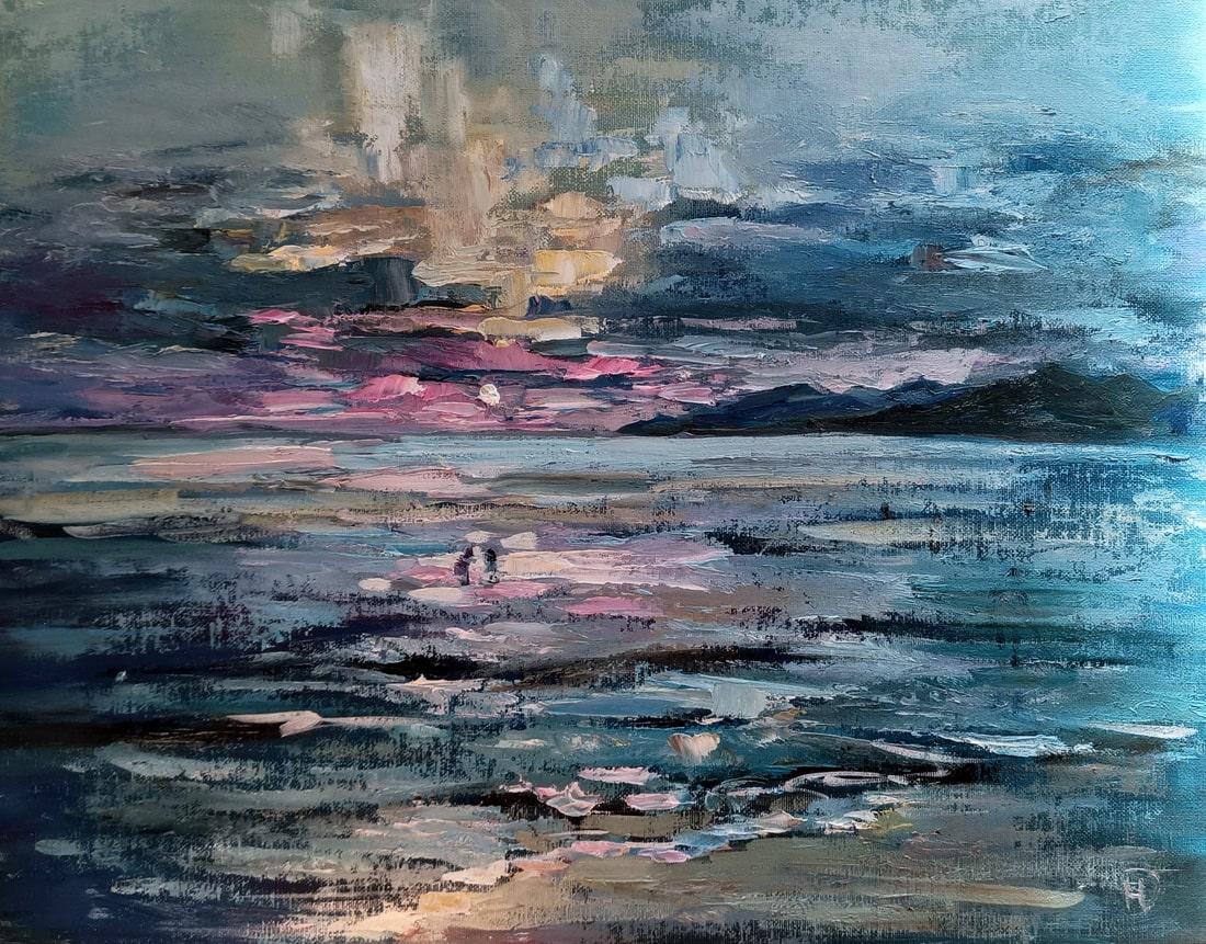 Картина маслом "Море на двоих" с романтичным сиреневым закатом художника Нины Дивинской