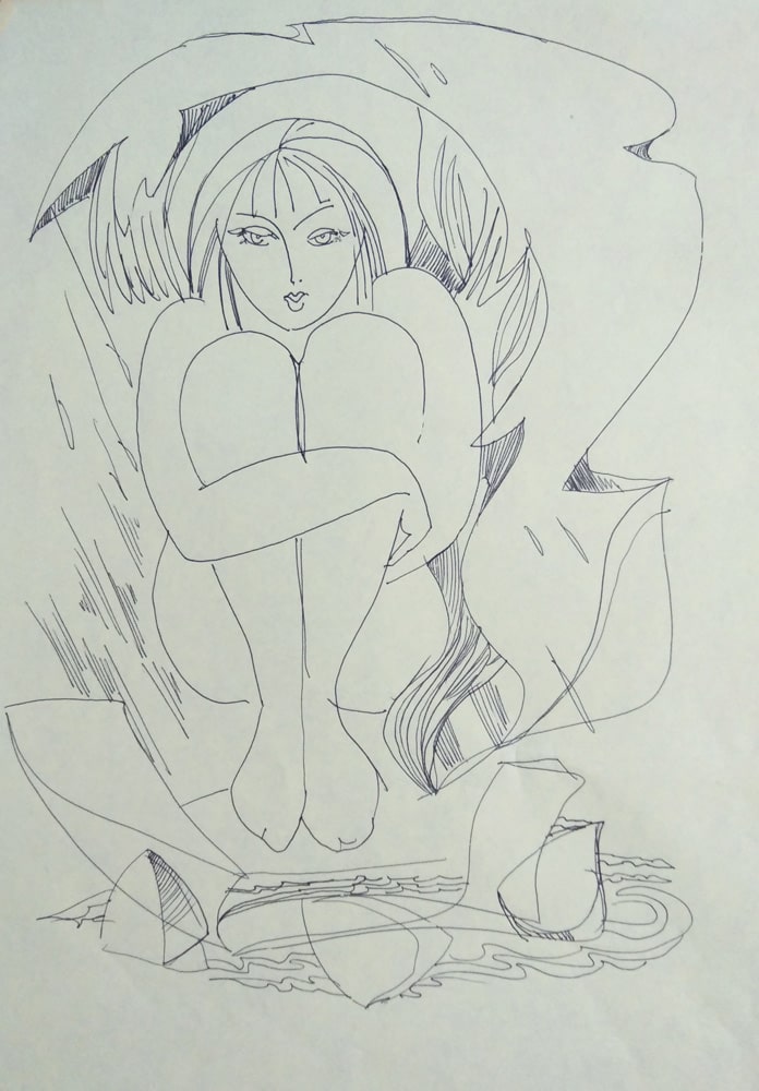 Абстрактный графический рисунок девушка, сидящая в зажатой позе обхватившей руками колени автор Нина Дивинская (Волгоград)