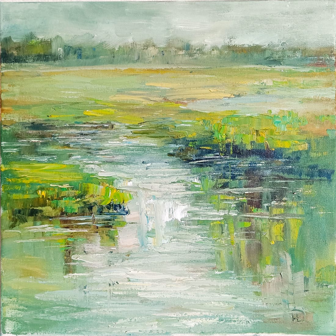 Свежая молодая зелень во время разлива на реке в картине "Нежно зелёное" художника Нины Дивинской (Волгоград)