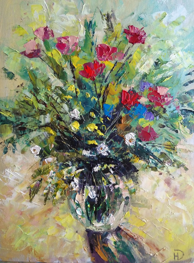 Картина  "Солнечные эмоции"  с яркими цветами в прозрачной вазе  художника Нины Дивинской Волгоград