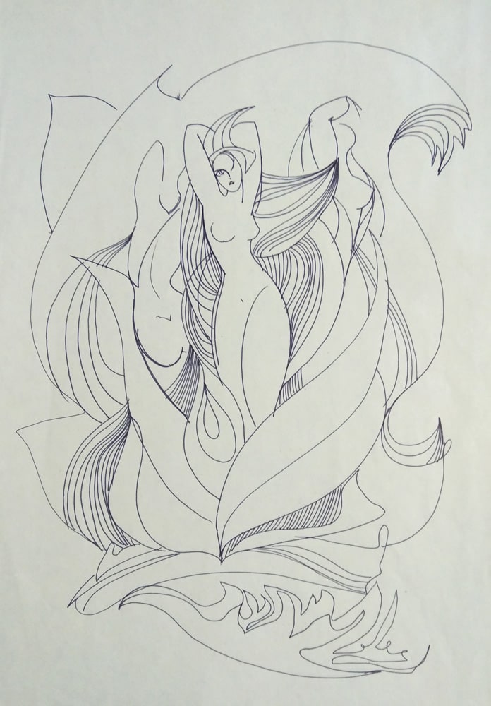 Абстрактный графический НЮ рисунок обнаженных женских фигур как полураскрытый цветок, созданный из тонких и плавных линий автор Нина Дивинская (Волгоград)