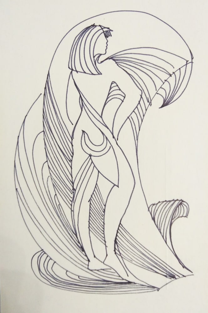 Абстрактный графический НЮ рисунок тушью обнаженной женской фигуры в символическом изображении морской волны автора Нины Дивинской (Волгоград)