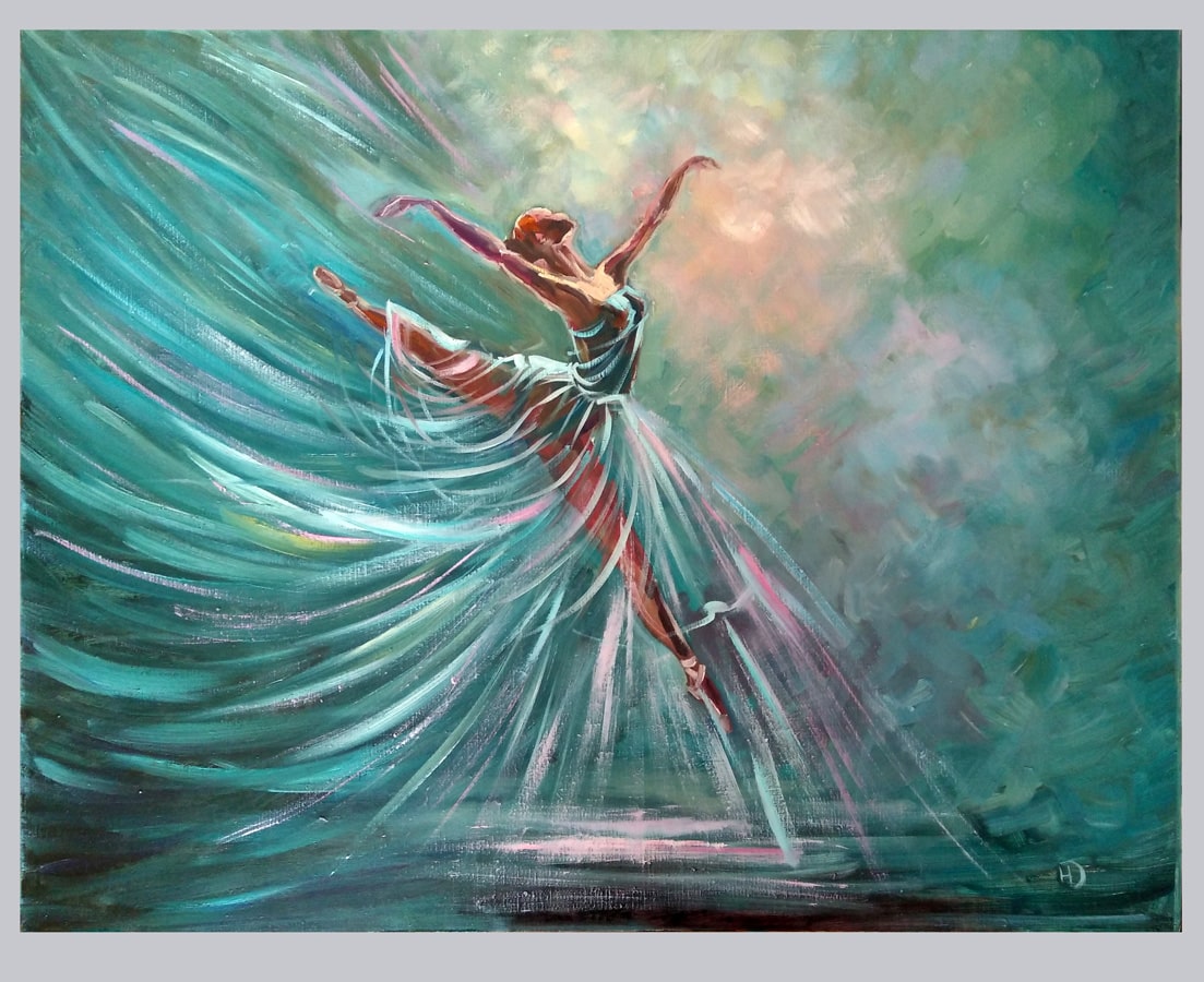 Картина маслом "Воздушный полёт" с балериной пышной балетной пачке