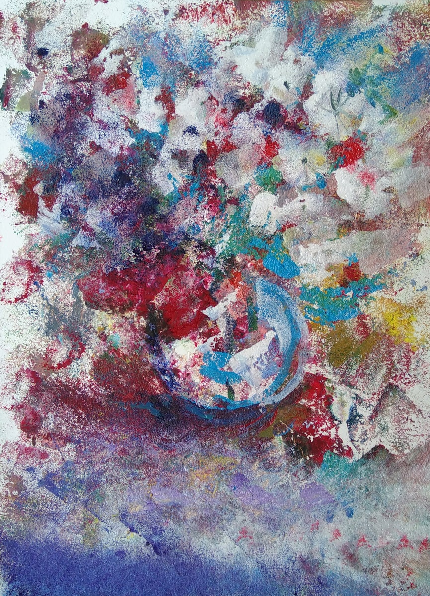 Белые лёгкие цветы жасмина, словно стая бабочек, парят над вазой, абстрактная монотипия маслом художник Нина Дивинская (Волгоград)