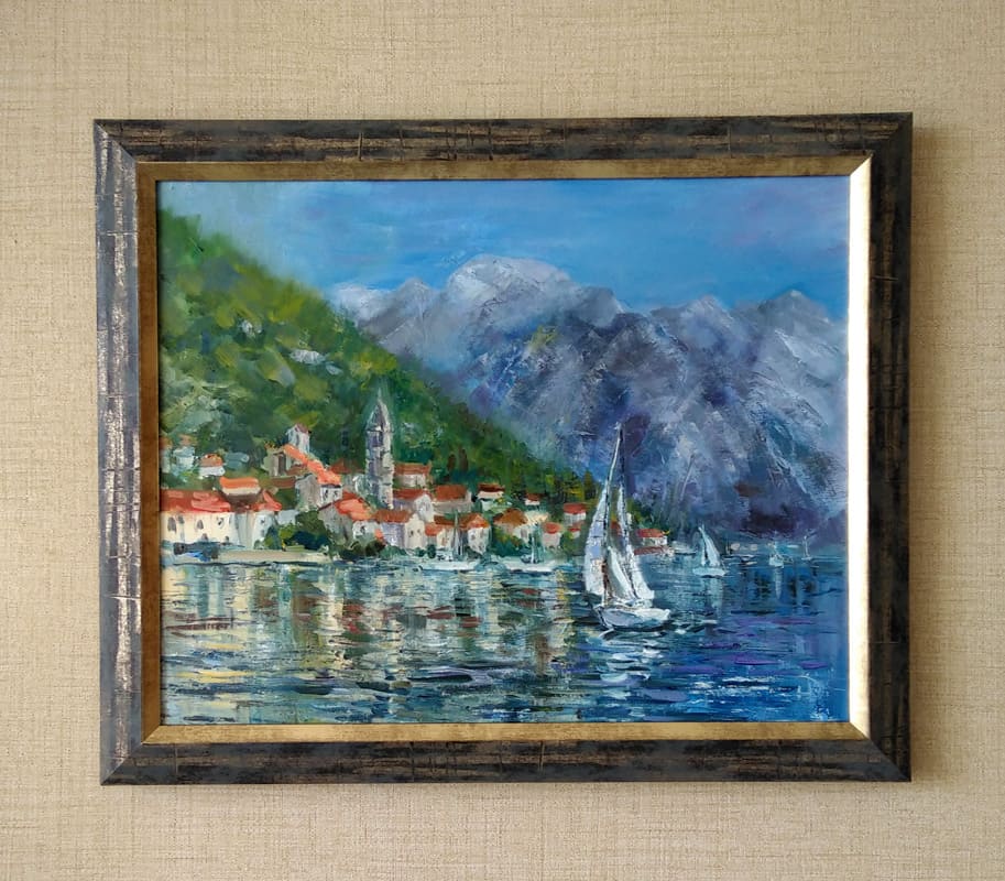Картина "Черногория" в раме. Яхты в Боко-кторском заливе.