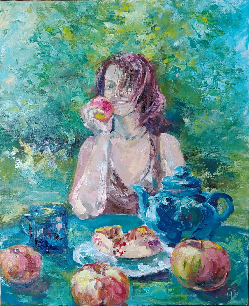 Изображение дамы с яблоками на картине маслом "Цветное настроение" автор Нина Дивинская (Волгоград)