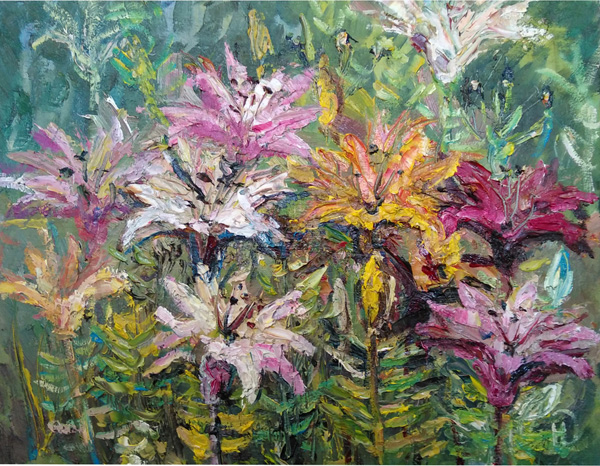 Живописные разноцветные лилии гордо вскинули свои цветы на картине маслом художника Нины Дивинской (Волгоград)