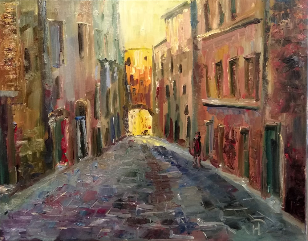 Итальянская узкая улочка между домами На дорогу, замощенную булыжником, падает солнечный свет через арку картина Художника Нины Дивинской