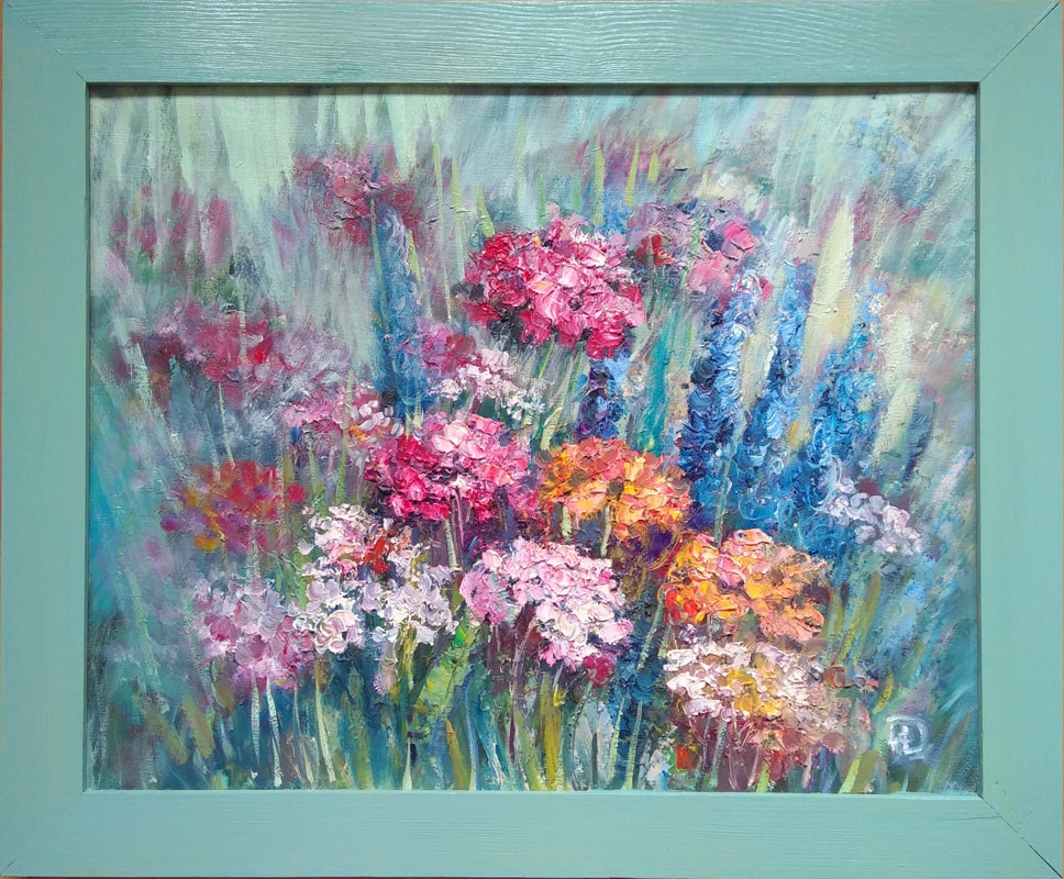 Картина маслом "Краски лета" с яркими цветами с деревянной раме, окрашенной в ручную.
