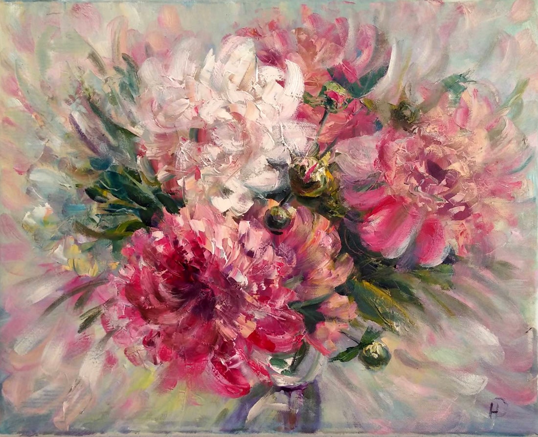 Роскошный букет ароматных розовых пионов на картине художник Нина Дивинская (Волгоград)