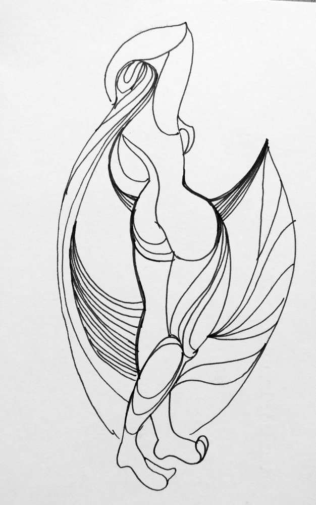 Абстрактный графический рисунок "Листья" поправляющей волосы обнажённой девушки выполнен тушью художник Нина Дивинская (Волгоград)