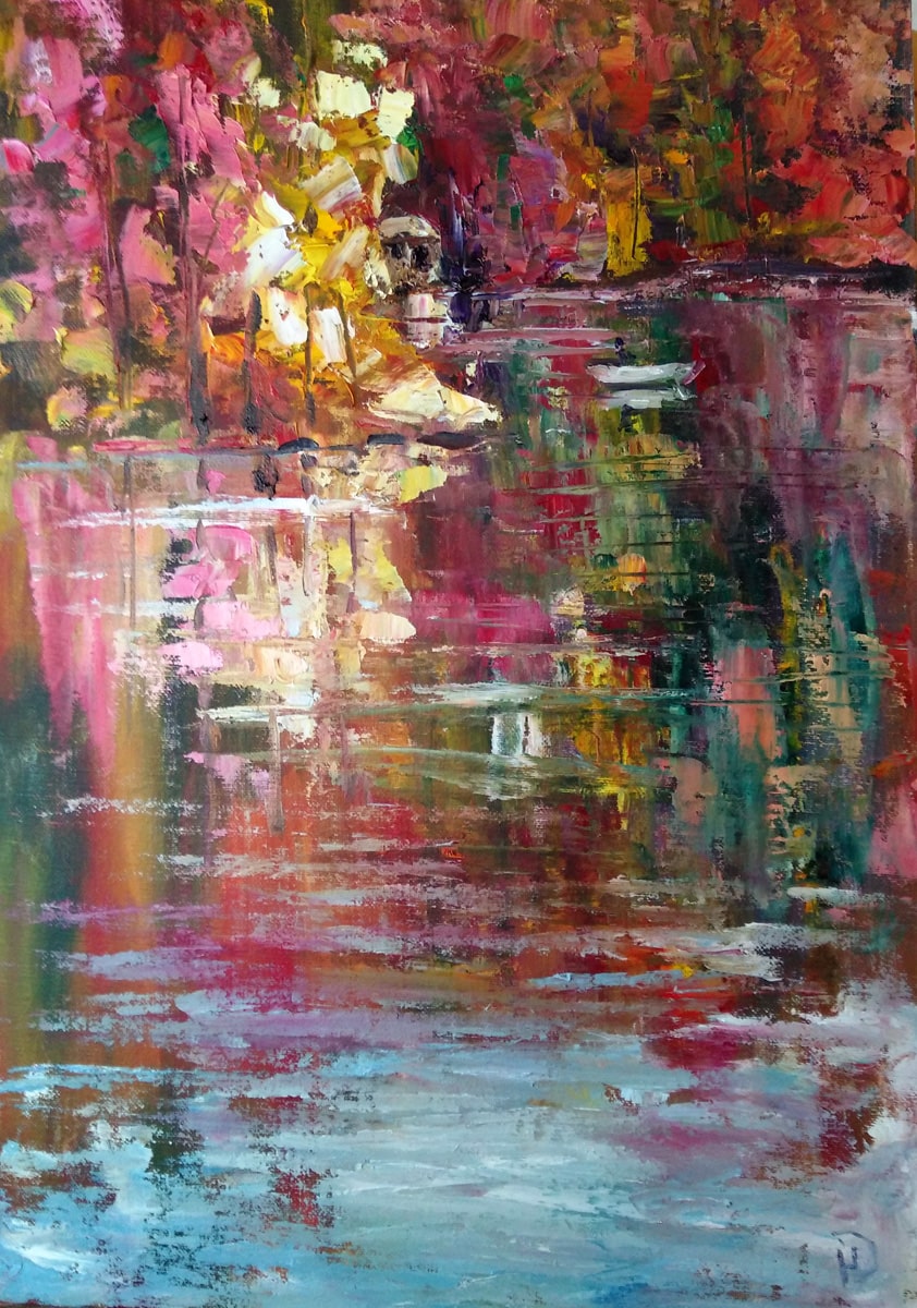 Картина маслом  в абстрактном стиле "Одинокий рыбак" золотой осенний пейзаж отражается в глади озера художник Нина Дивинская (Волгоград)