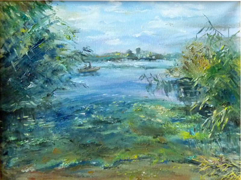 Через небольшое пространство между камышами открывается вид на реку Пичуга под Волгоградом картина маслом художника Нины Дивинской