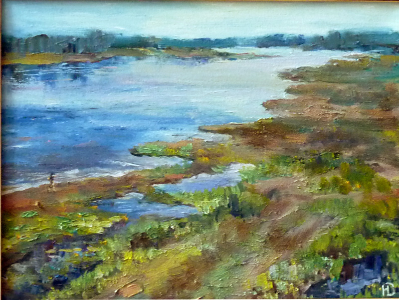 Картина раннего утра Вид сверху на спокойную реку, в водах которой отражается небо Художник Нина Дивинская (Волгоград)
