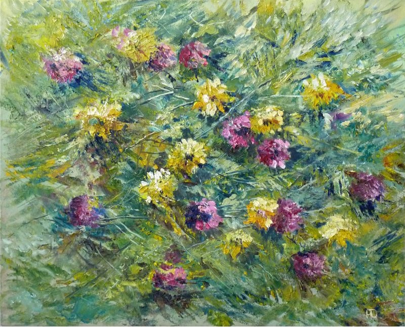 Переплетенные стебли растений, цветы словно цветочный ковёр картина художника Нины Дивинской