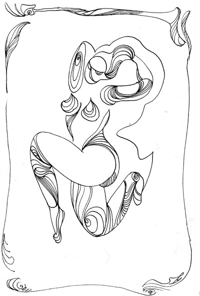 Абстрактный графический рисунок тушью "Танец" обнаженной женской фигуры в танце полном экспрессии художник Нина Дивинская (Волгоград)