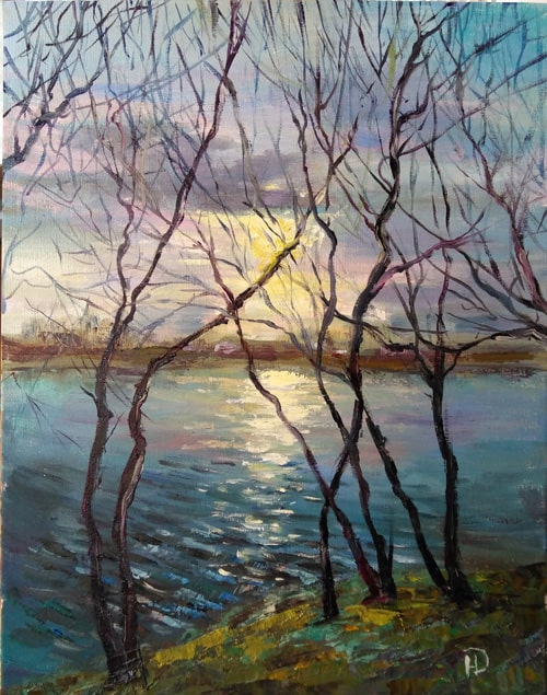 Вид на озеро сквозь переплетенные ветви деревьев "Вечер в кружевах" картина маслом на холсте художника Нины Дивинской (Волгоград)