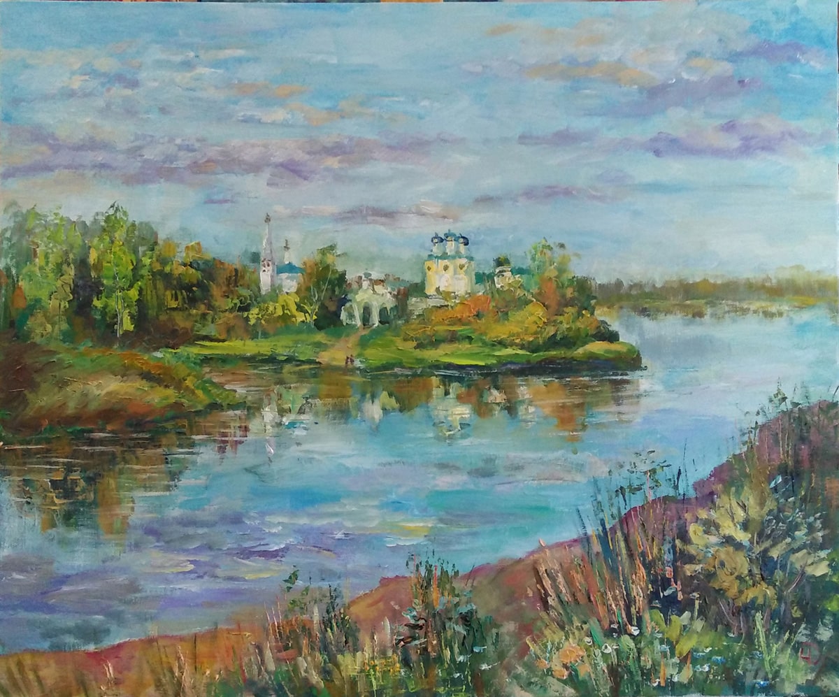 Картина "Вечерний звон" с православным монастырём и речкой в летний день, голубое светлое небо и зеленый лес, художник Нина Дивинская (Волгоград)
