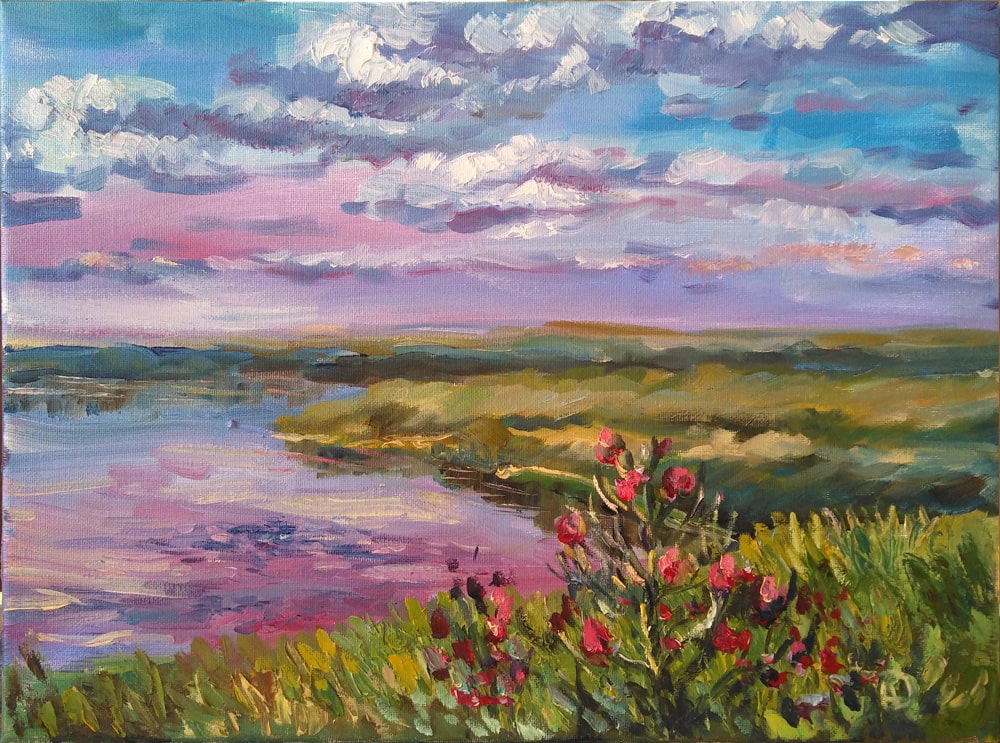 Сиренево-розовый закат на реке Пичуга в Волгоградской области картина художника Нины Дивинской (Волгоград)