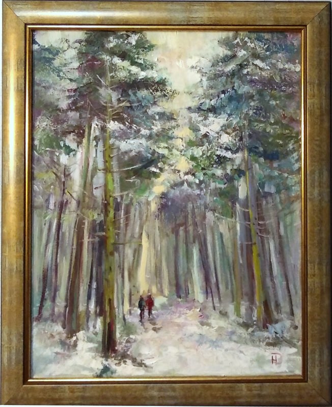 Пейзаж с зимним лесом маслом на холсте в раме.