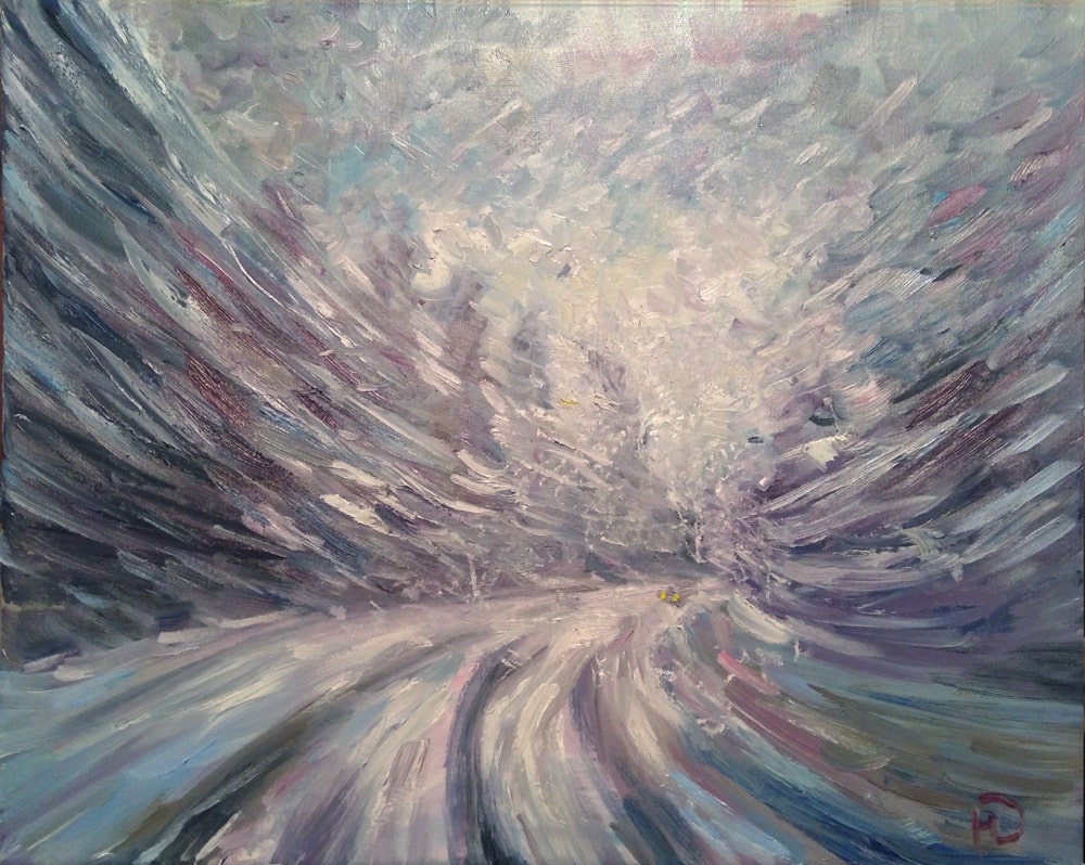 Зимняя дорога во время метели Вид из движущегося автомобиля картина Художника Нины Дивинской (Волгоград)