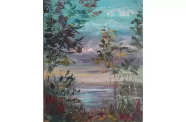 На картине "Тихий вечер" мягкий закат в конце летнего дня на реке Волга, полное ощущение лёгкости и умиротворения