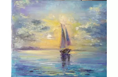 Ласковое вечернее море с парусной яхтой на картине маслом художника Нины Дивинской Волгоград