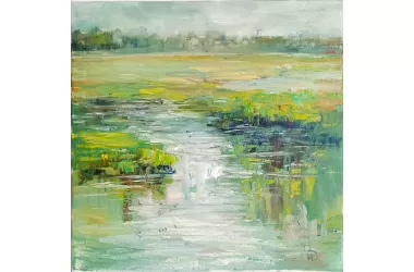 Свежая молодая зелень во время разлива на реке в картине "Нежно зелёное" художника Нины Дивинской (Волгоград)
