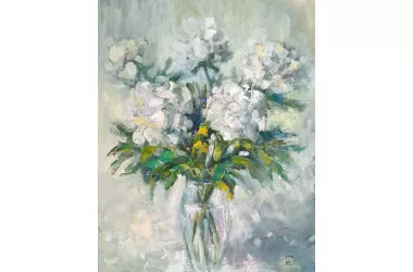 Картина маслом "Белое на белом" с пышными пионами художника Нины Дивинской